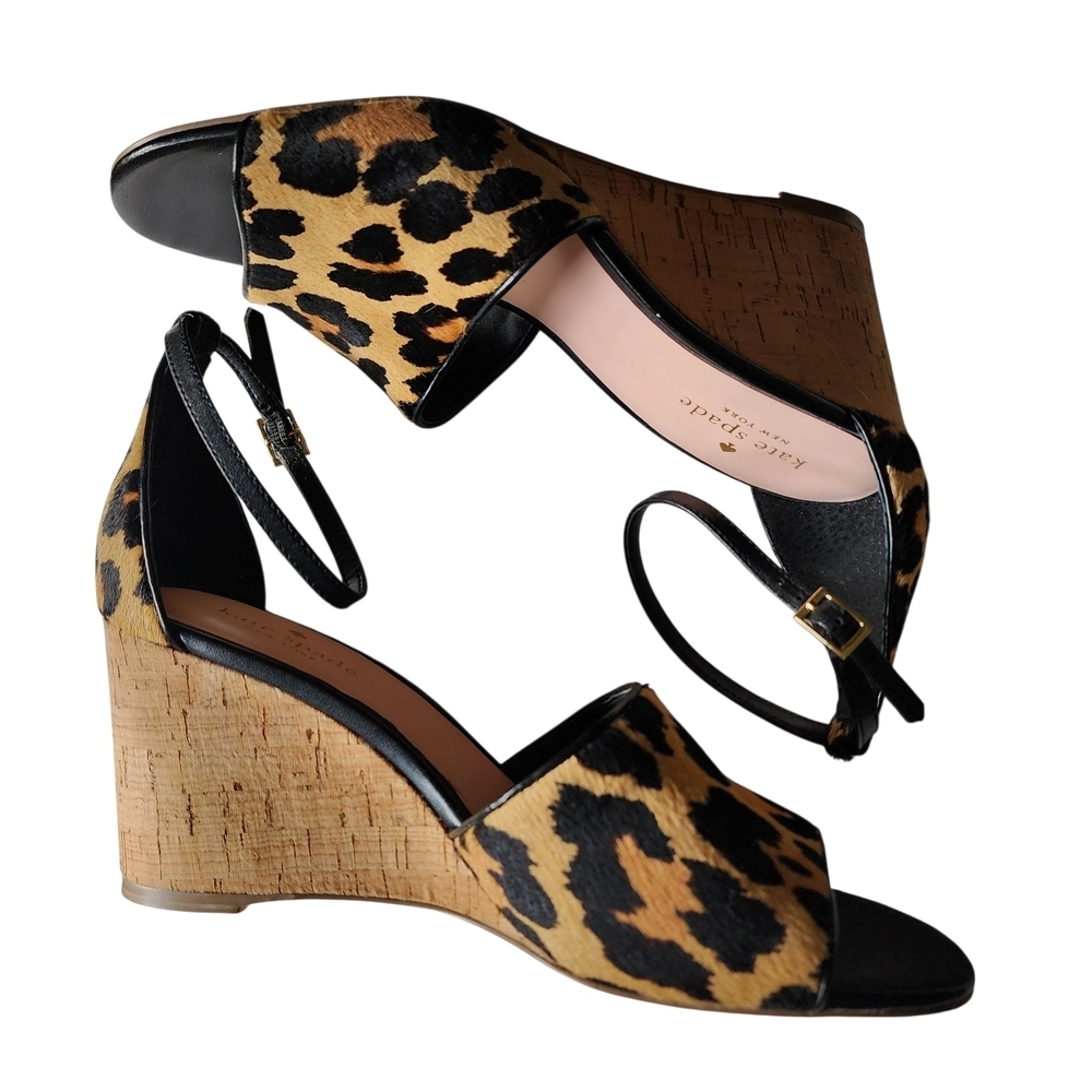 Kate Spade New York Lonnie Leopard Printed Calf Hair Wedge Sandals - 8M - Picture 7 of 13